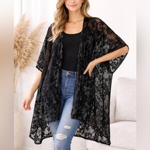 J Jill Boho Black Velvet Burnout Kimono Flowy Cover Up Open Front Whimsy Goth